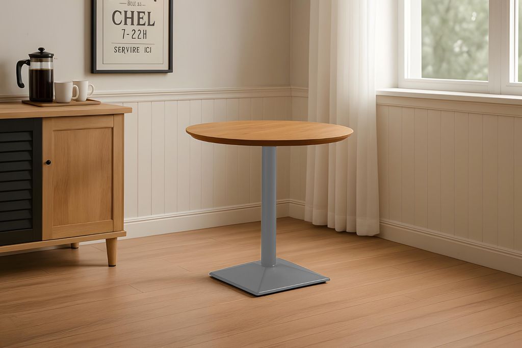 Bistrotisch Schweizer Kante massiv Akazie naturfarben 80 cm Säulengestell-eckig silber BRASILIA