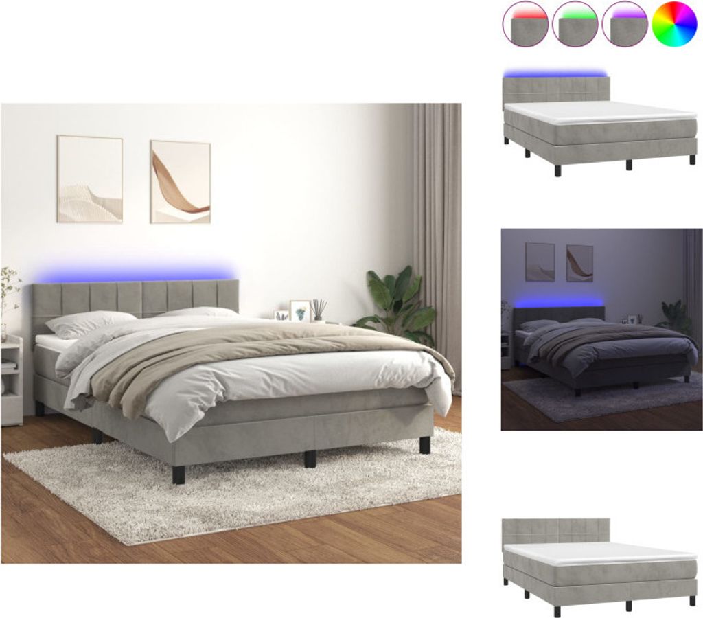 vidaXL Boxspringbett mit Matratze & LED Hellgrau 140x200 cm Samt - Betten & Bettgestelle