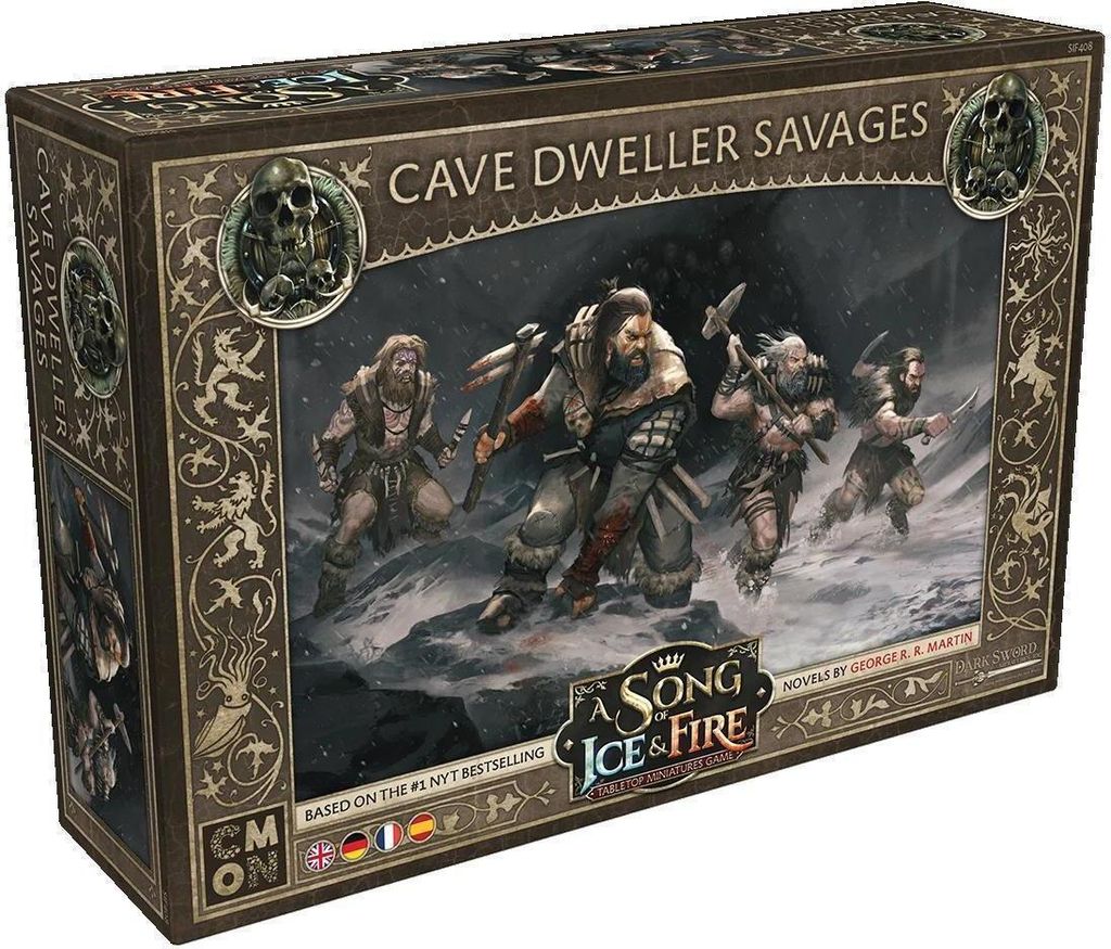 The image shows the box of a board game with artwork depicting a group of savage characters in a snowy environment.