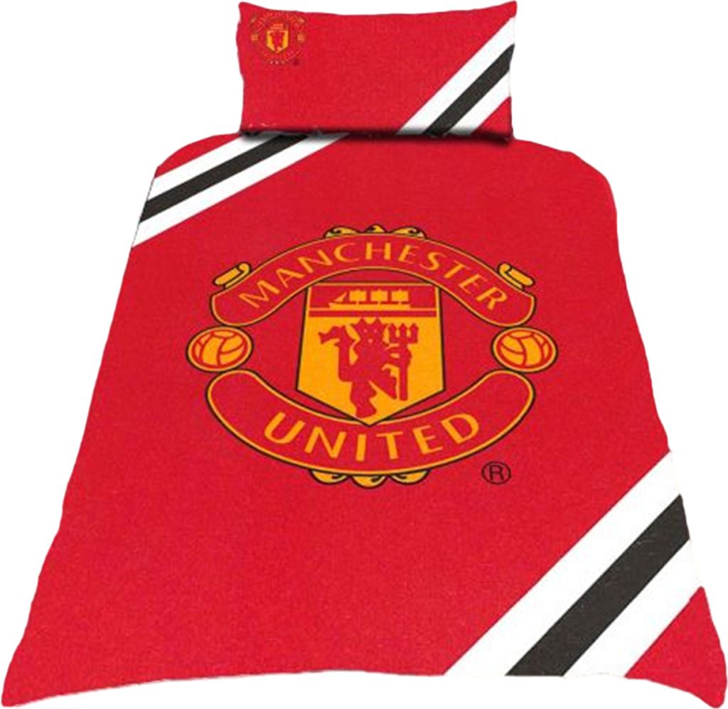 A Manchester United FC duvet cover and pillowcase set with the team's crest and stripes.