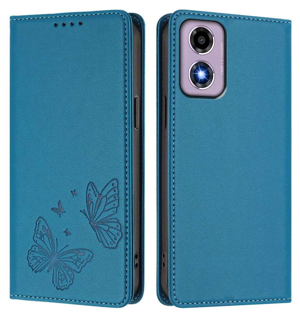 Lederhülle für Motorola Moto E14 / G04 / G04s / G24, Schmetterling Prägung Leder Brieftasche Schutzhülle mit Ständer Blau