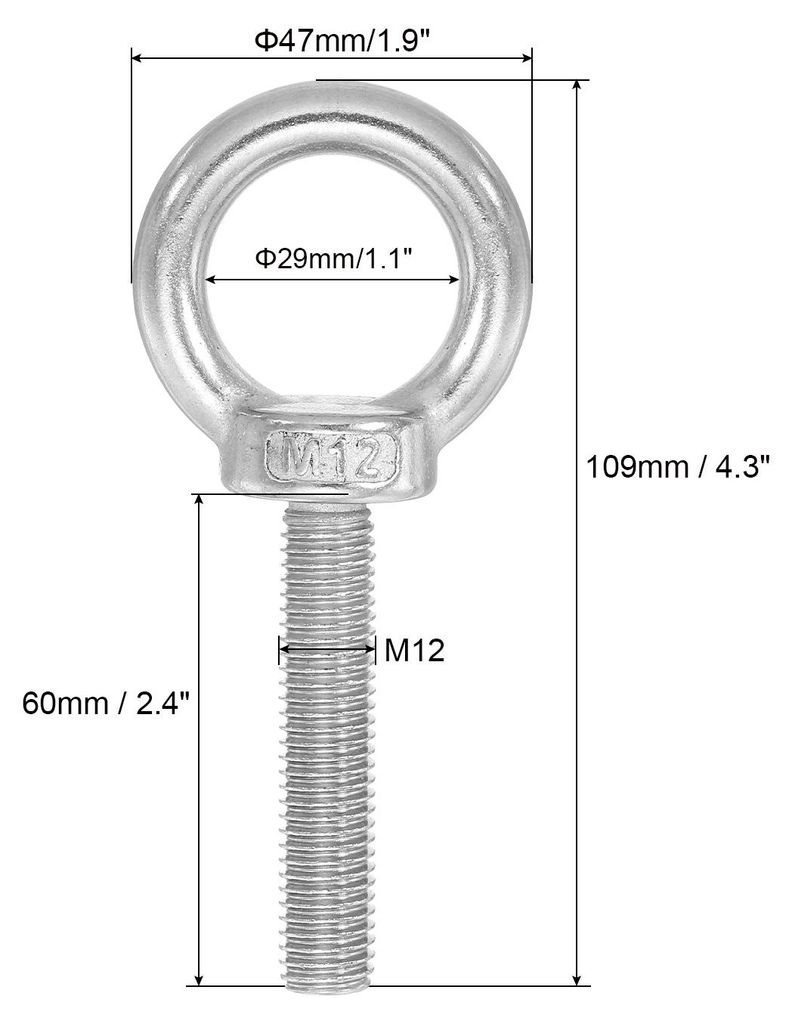 Ringschraube, M12x60 304 Edelstahl ?senschraube Gewinde mit Sechskantschraube, Mutter, Dichtung und Unterlegscheibe zum Aufh?ngen und Sichern von K...