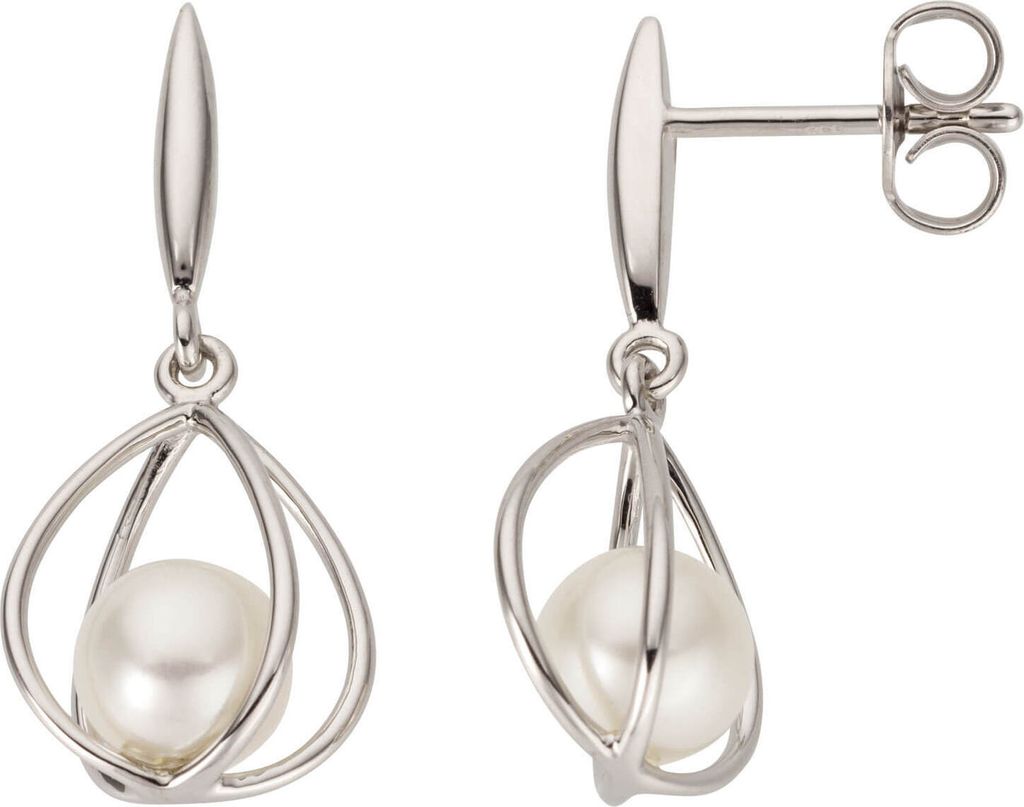Ohrhänger Hängerstecker aus 585 Gold Weißgold mit Süßwasser Perlen weiß Ohrringe