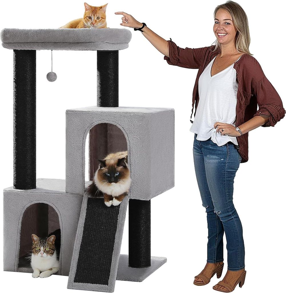 Großer Kratzbaum für Katzen - Extra Groß mit Doppel-Höhle - 114 cm Hoch, Geeignet für Große Katzen, Vollständig Mit Sisal Bedeckt, Schwarz/Grau