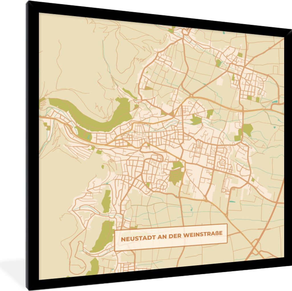 MuchoWow Gerahmtes Poster Karte - Neustadt an der Weinstraße - Stadtplan - Vintage 40x40 cm - Poster mit Schwarzem Bilderrahmen Wandposter Rahme...