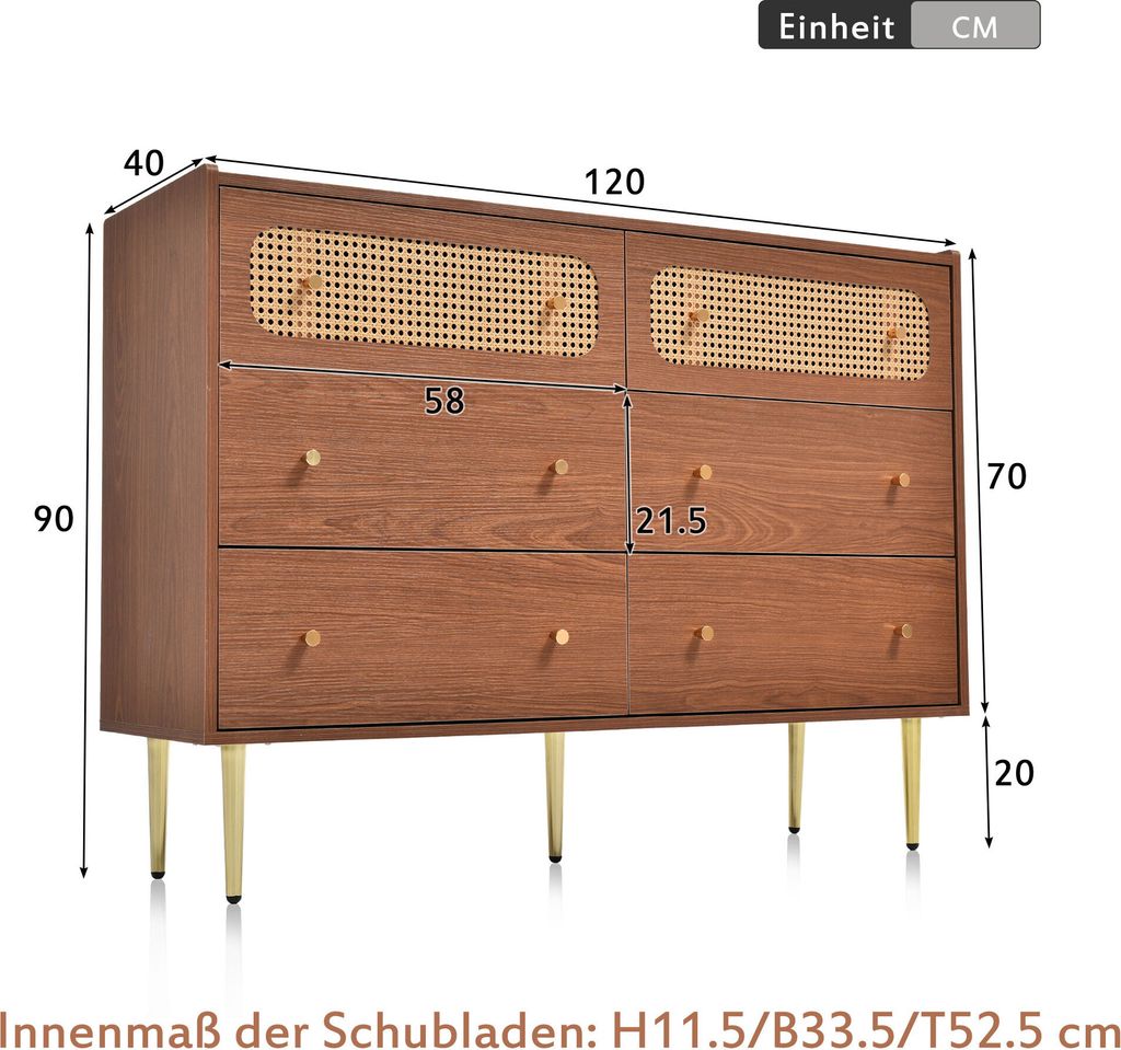 Rattanowa komoda z 6 szufladami i regulowaną półką, orzech Zdjęcie produktu 2