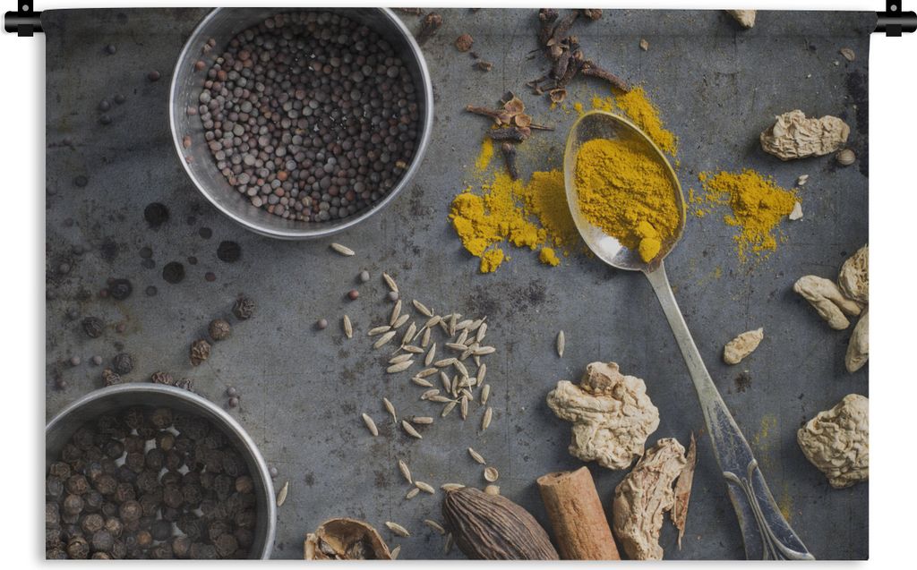 MuchoWow Wandteppich Wandbehang Kräuter auf grauem Hintergrund 90x60 cm Tapisserie Dekoration Wandtuch - Wandskulpturen - Bildteppich