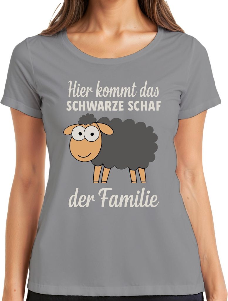 Hier kommt das schwarze Schaf der Familie lustiger Statement Spruch Damen T-Shirt, Grau, L