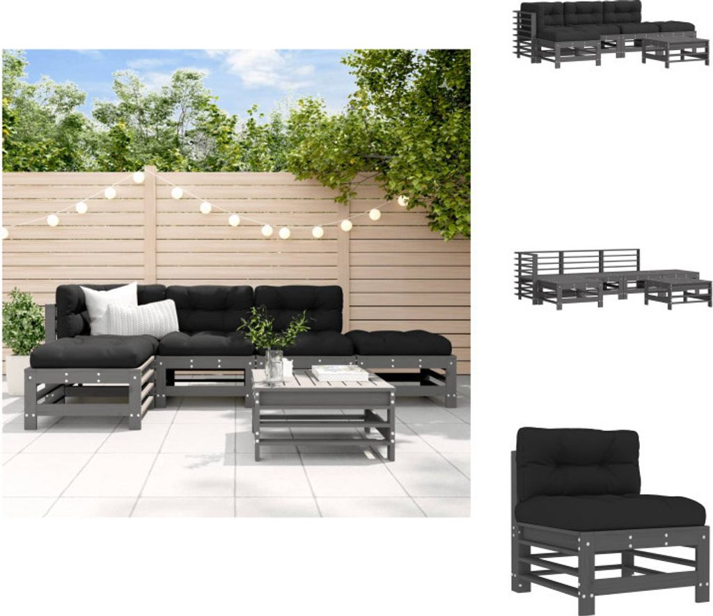 vidaXL 6-tlg. Garten-Lounge-Set mit Kissen Grau Massivholz - Gartenmöbel-Sets