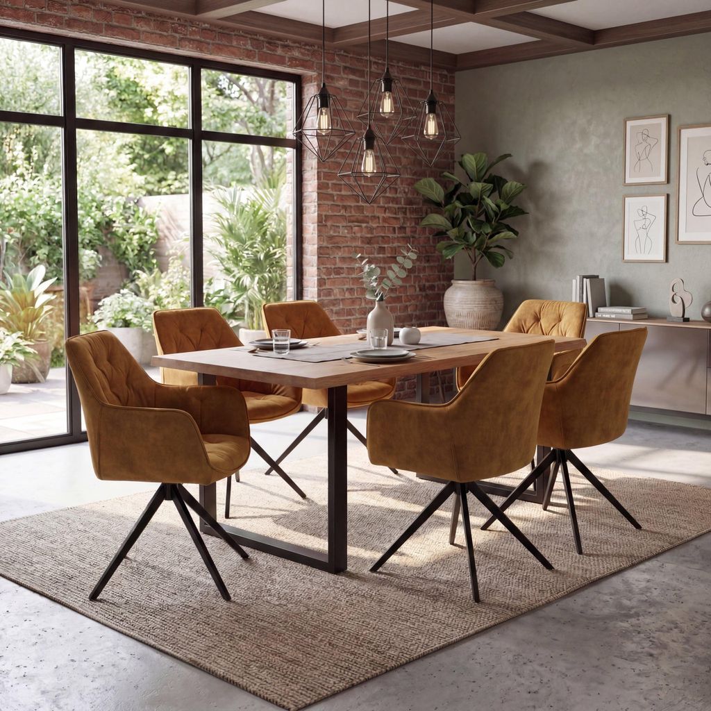 6er-Set Esszimmerstuhl MCW-L80, Küchenstuhl Armlehne drehbar Auto-Return Samt 440g/m² Wildleder-Optik senfgelb