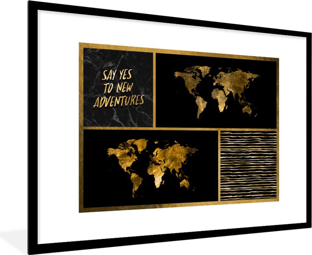 MuchoWow Gerahmtes Poster Weltkarte - Collage - Sprichwörter - Gold 90x60 cm - Poster mit Schwarzem Bilderrahmen Wandposter Rahmen Foto Bilder -...