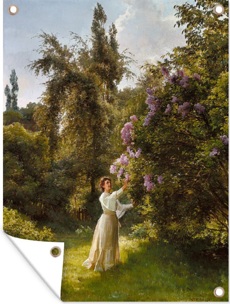 MuchoWow 60x80 cm Outdoor-Poster Gartendeko Sichtschutz Garten Poster für den Garten Gartenparty mit Frau neben blühendem Flieder - Gemälde v...
