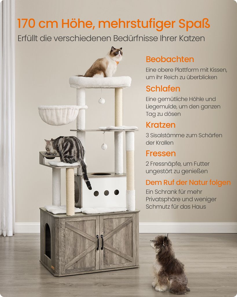 Feandrea Kratzbaum, Katzenklo-Schrank, erhöhte Fressnäpfe, Produktbild 4