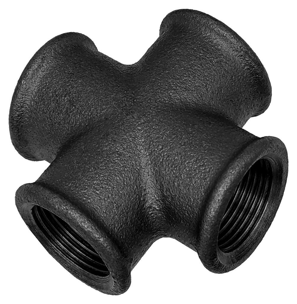 Gewinde Fitting Verschraubung aus Temperguss schwarz - Kreuzstück mit 1/2" Rohr Zoll Innengewinde