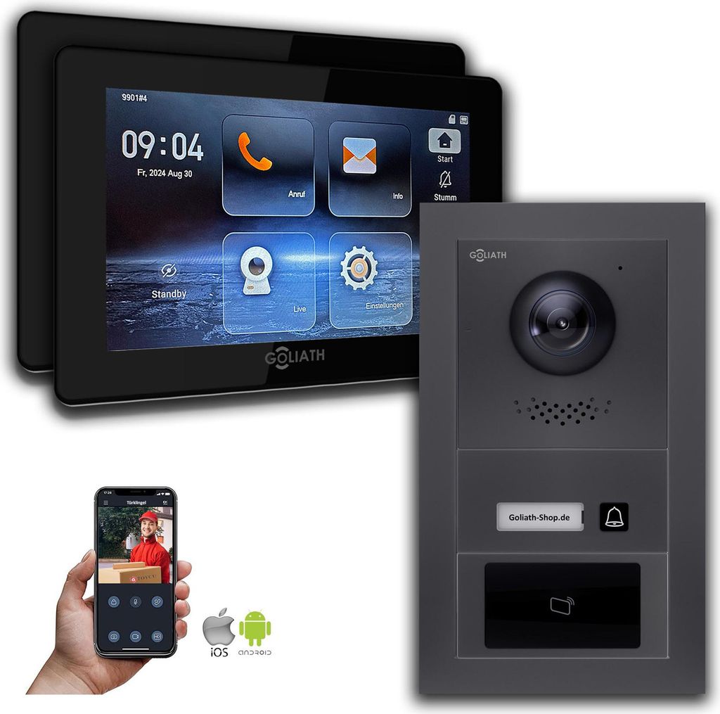 Goliath IP Video Türsprechanlage mit Kamera 7-Zoll RFID Anthrazit : Aufputzdose : 7 Zoll in Schwarz : 2 Monitore Anzahl: 2 Monitore Farbe: 7 Zoll ...