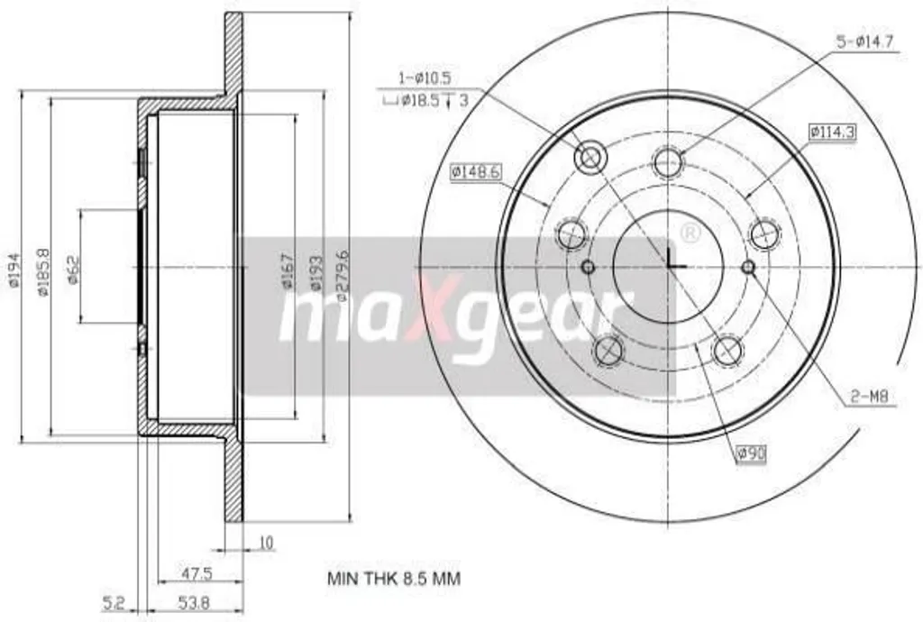 Disque de frein arrière plein MAXGEAR pour Toyota Avensis série T25 vvt