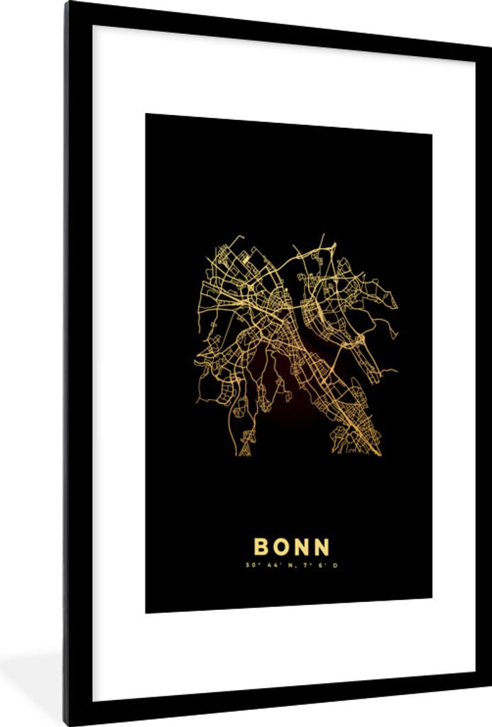 MuchoWow Gerahmtes Poster Karte - Bonn - Gold - Stadtplan 60x90 cm - Poster mit Schwarzem Bilderrahmen Wandposter Rahmen Foto Bilder - Dekoration...