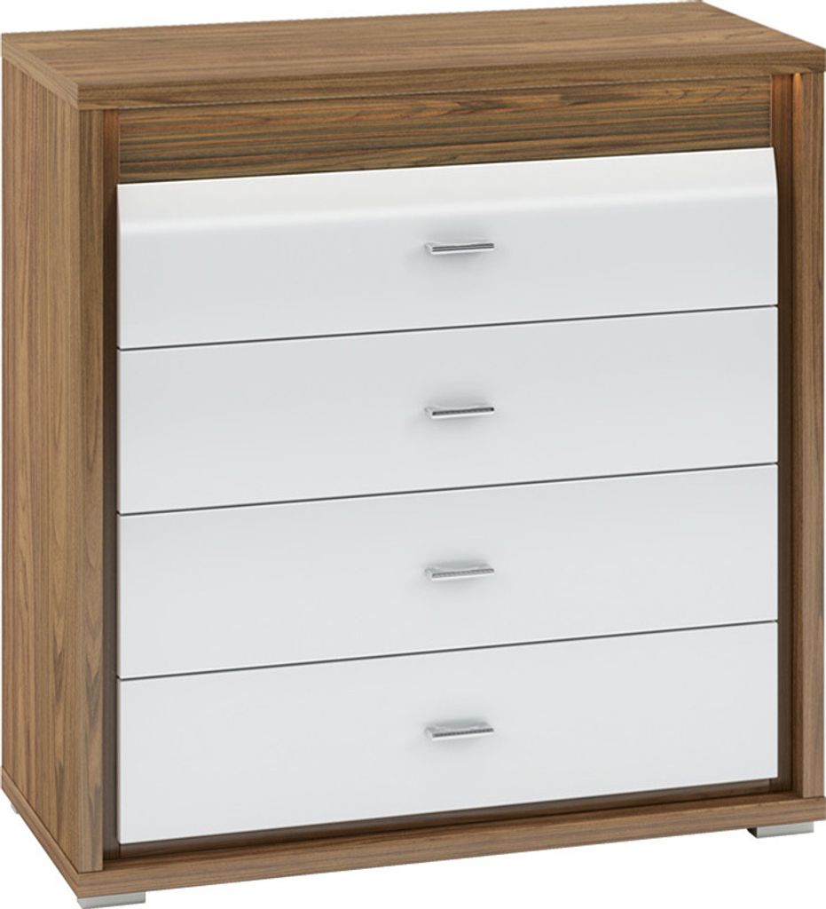 Kommode Tempe 05, Farbe: Nussfarben / Weiß Hochglanz, Fronteinsatz: Nussfarben - Abmessungen: 94 x 92 x 41 cm (H x B x T), mit 4 Schubladen