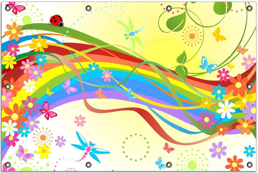 Wallario Outdoor-Poster für Garten oder Balkon, Motiv Regenbogen im Sommer - Bienchen und Blümchen, in ca. 80 x 120 cm