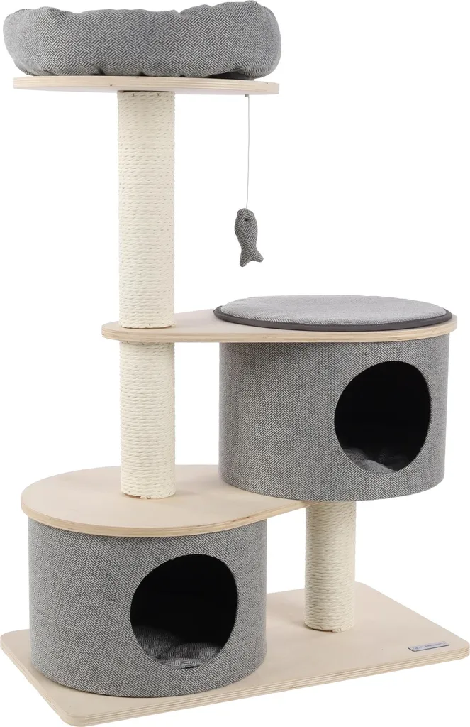 Arbre à chat avec niches douillettes et panier en osier - Design Bois Zen