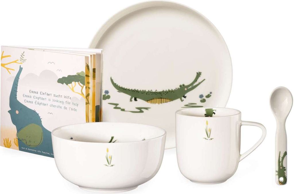 ASA Selection kids 5-teiliges Kindergeschirrset, Croco Krokodil, Kindergedeck mit Buch, Fine Bone China, Bunt, in Geschenkbox, 38951314