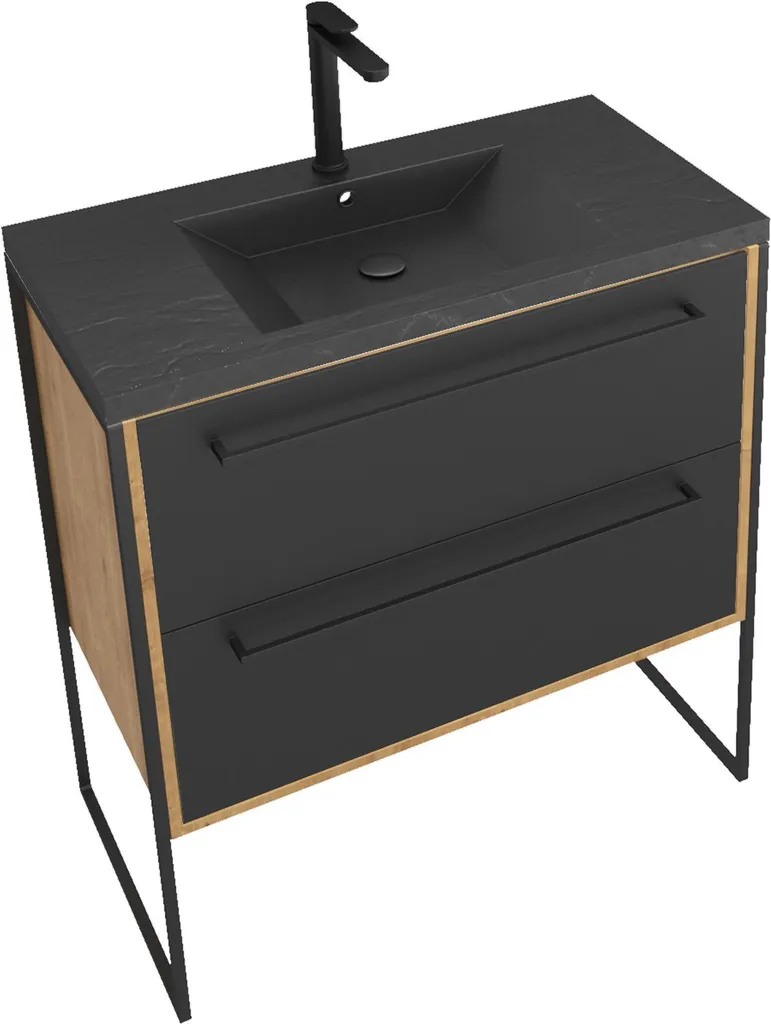Meuble de salle de bain 80cm chêne brun et vasque noire effet pierre