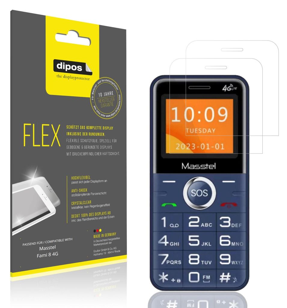 2x Schutzfolie für Masstel Fami 8 4G Folie, 100% Displayabdeckung, dipos Flex
