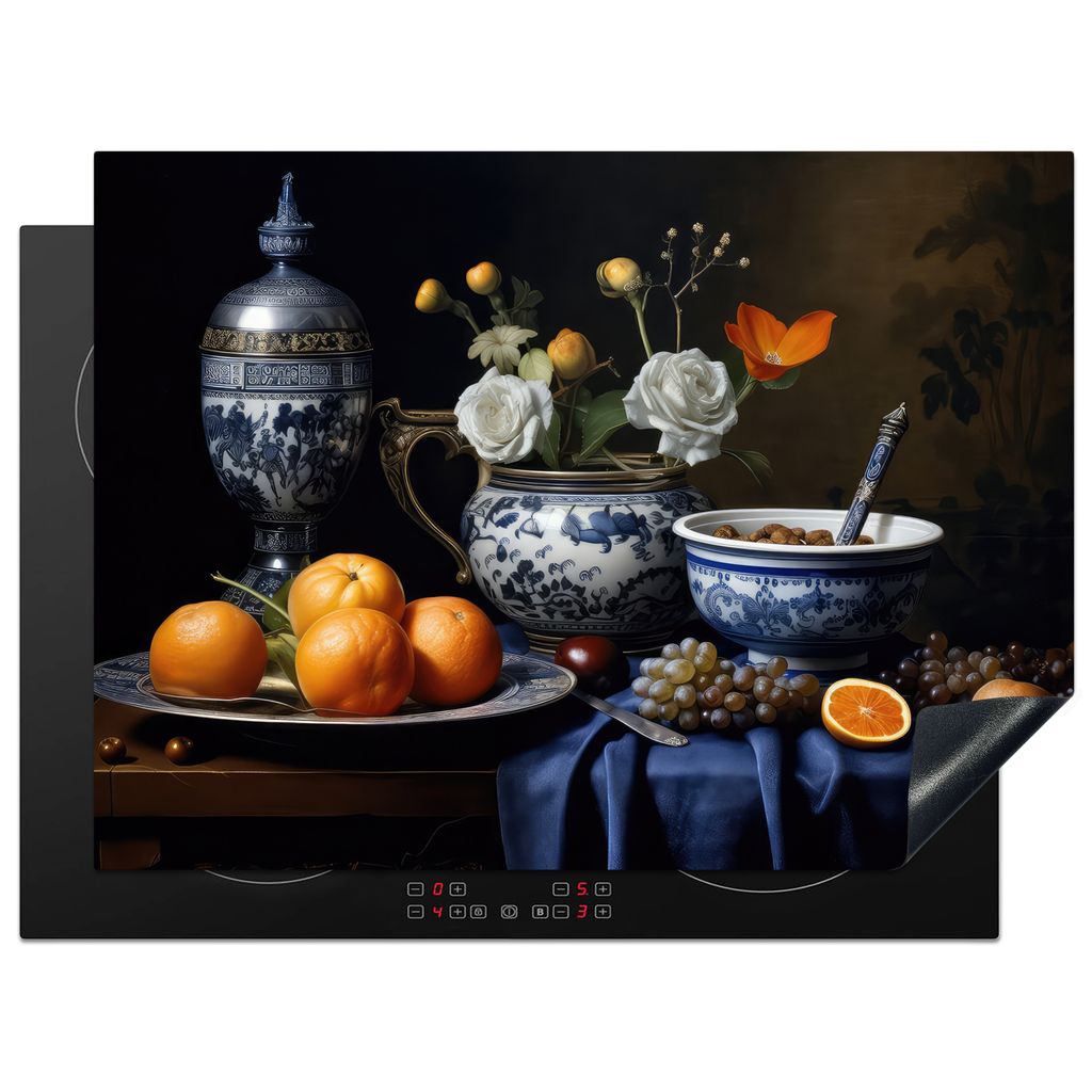 KitchenYeah Herdabdeckplatte Stilleben - Obst - Blumen - Delfter Blau - Niederländisch , 70x52cm, Küche Deko, Glaskeramikkochfeld Herdabdeckung...