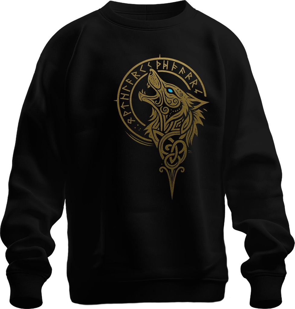 Wikinger Wolf Nordischer Fenrir Runen Wolfskopf Keltisch Gold Uni Sweatshirt Pullover, Schwarz, XL