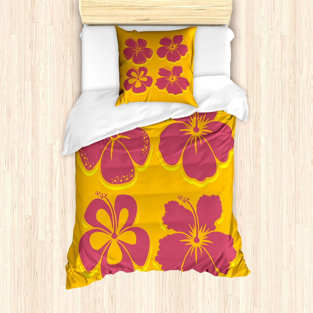 ABAKUHAUS Luau Bettbezug Set für Einzelbetten, Hibiskus-Blumen-Silhouetten, Milbensicher Allergiker geeignet mit Kissenbezug, 135 cm x 200 cm - 80...