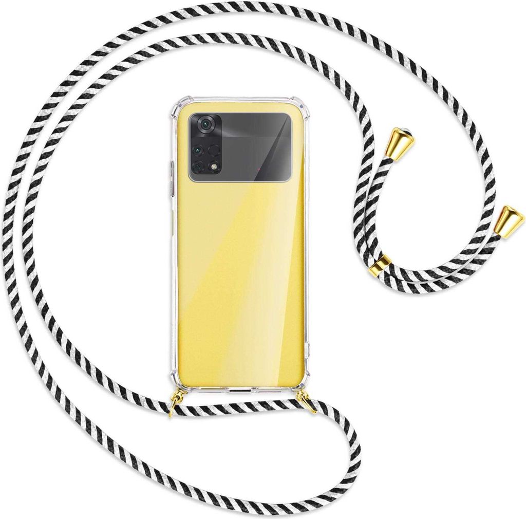 Handykette Backcover-Schutzhülle mit Band (Metall goldfarben) für Xiaomi Poco M4 Pro 4G - schwarz/weiß gestreift