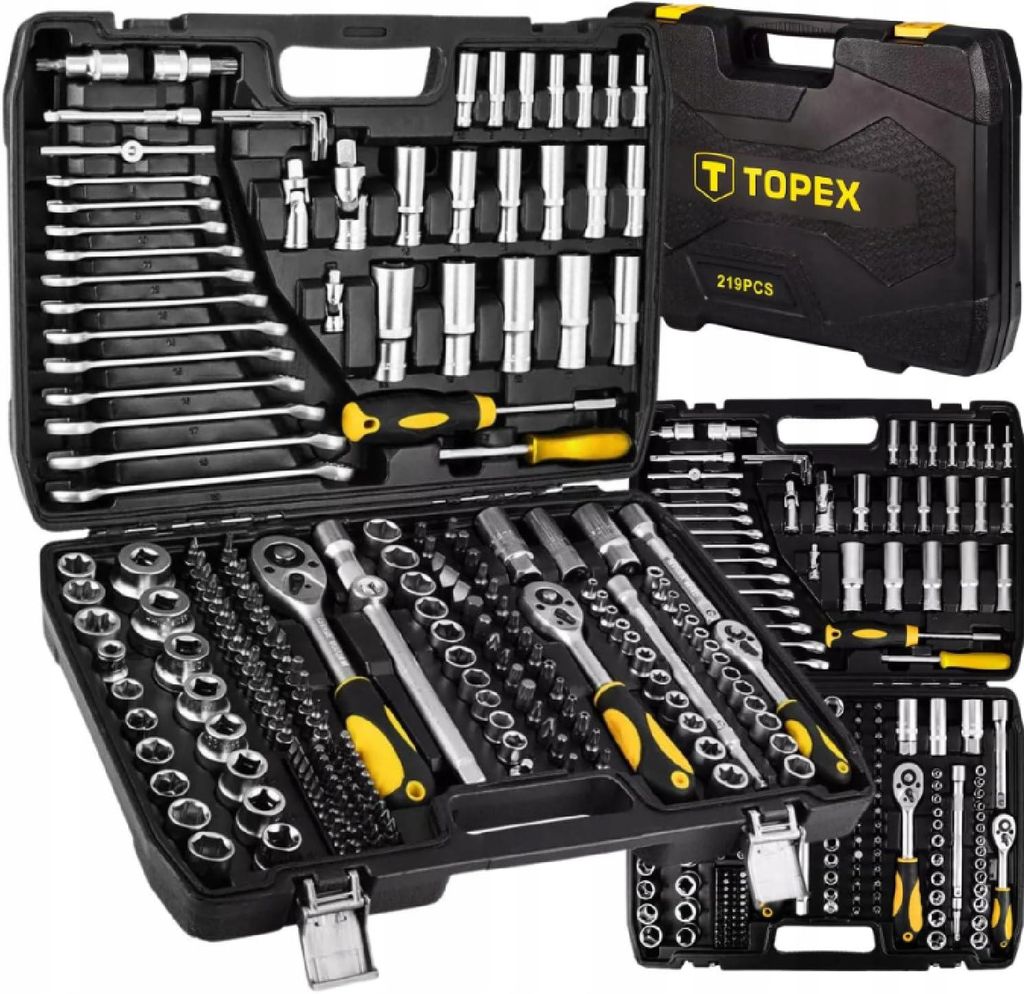 TOPEX Werkzeugkoffer 219-tlg: 1/2", 3/8", 1/4" Nüsse, Ratschen, Bits, Knarrenkasten, Für Kfz, Werkstatt & Heimwerker, Universal-Set