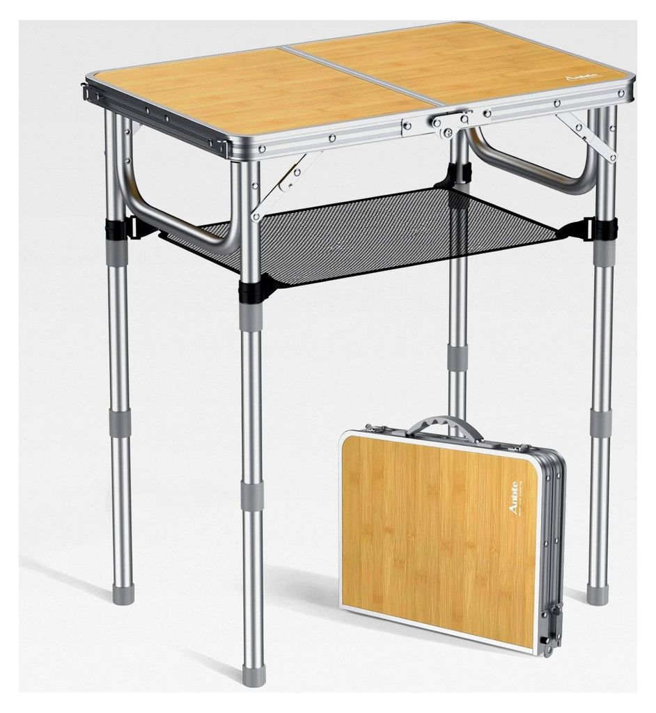 Campingtisch 58x40cm Aluminium Picknicktisch 3 Höhen verstellbar Klapptisch leicht mit Aufbewahrungsnetz MDF Holz-Tischplatte tragbarer Griff für...
