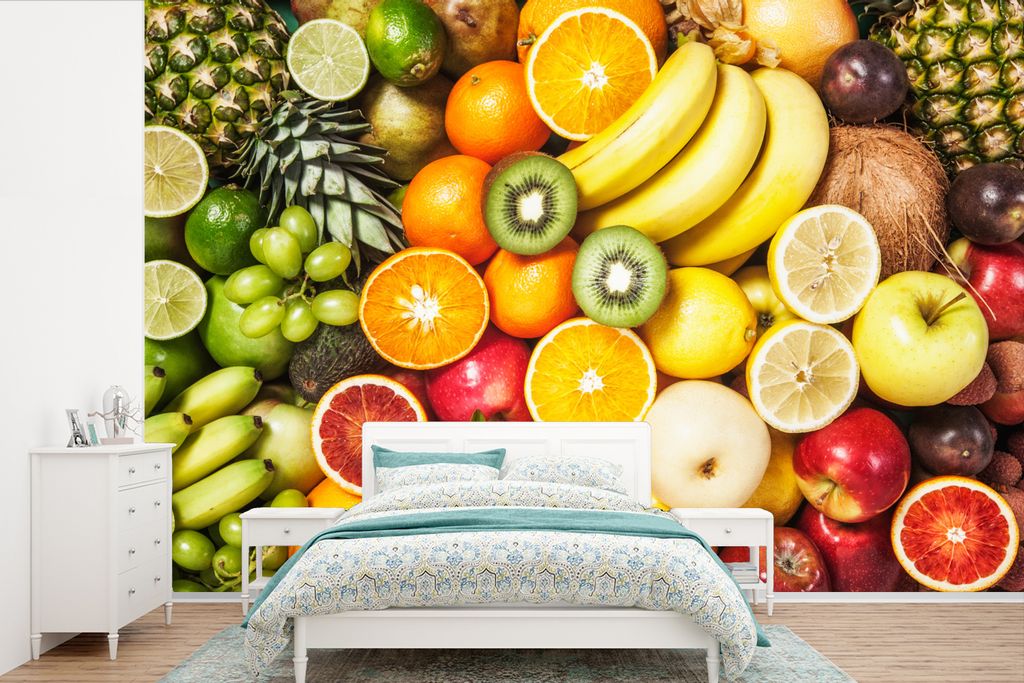 MuchoWow Fototapete für Wohnzimmer oder Schlafzimmer Wandtapete Vinyl Motivtapete Kiwi - Banane - Obst - 450x300 cm - Gemusterte