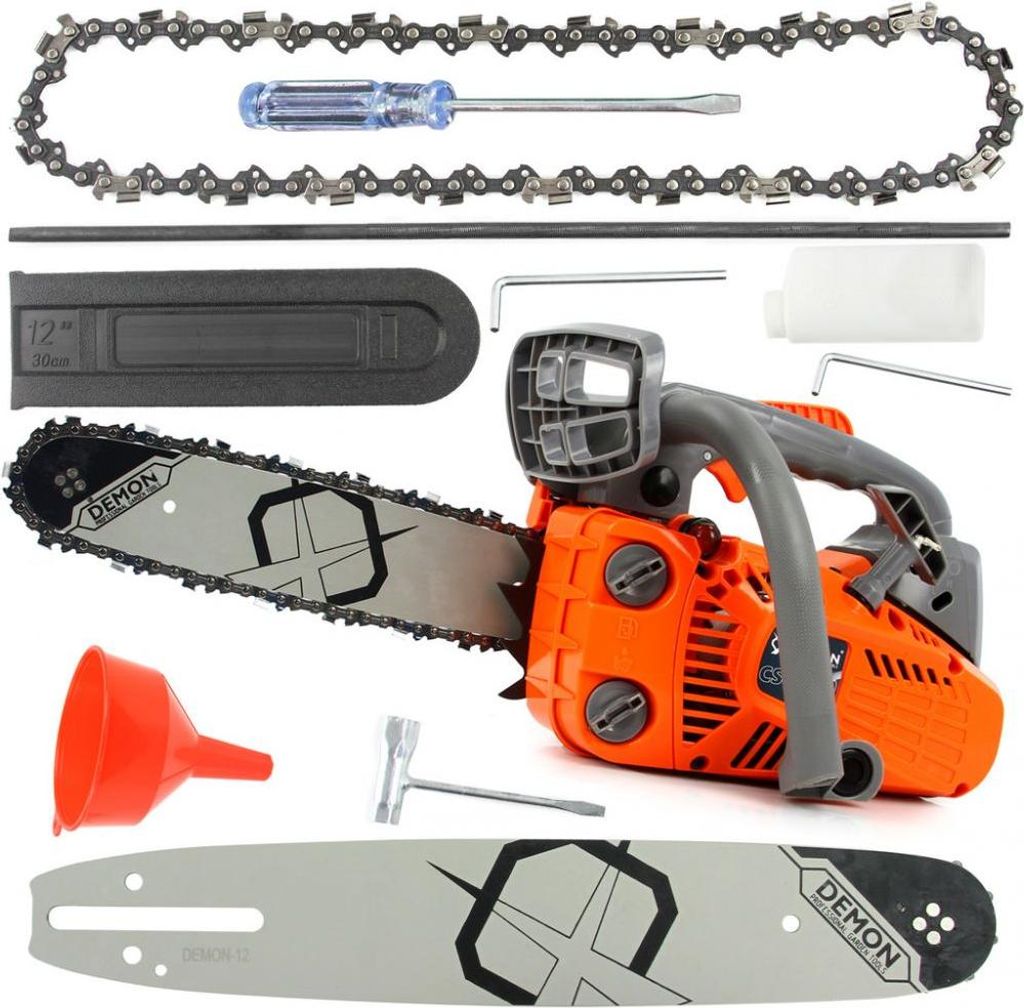 A collection of chainsaw parts and accessories laid out on a white background.