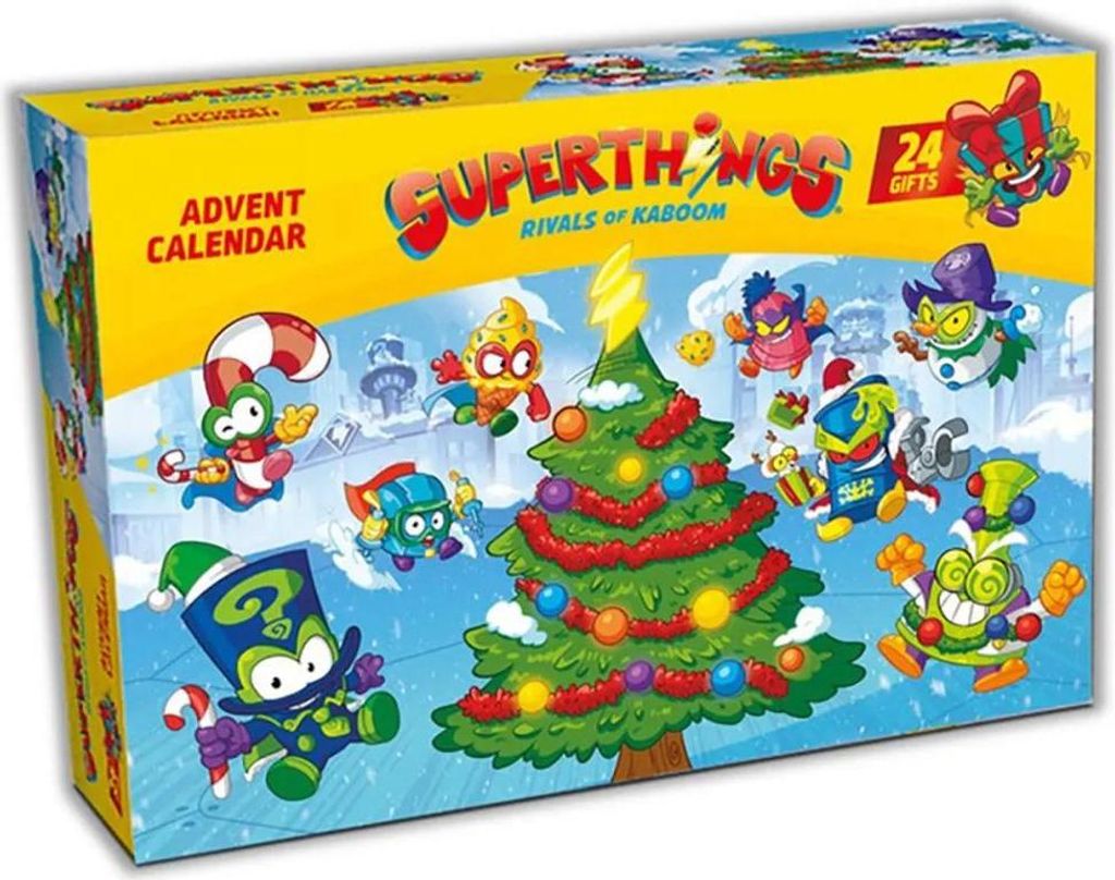 A Superthings Advent Calendar box with Christmas-themed characters and a decorated Christmas tree.