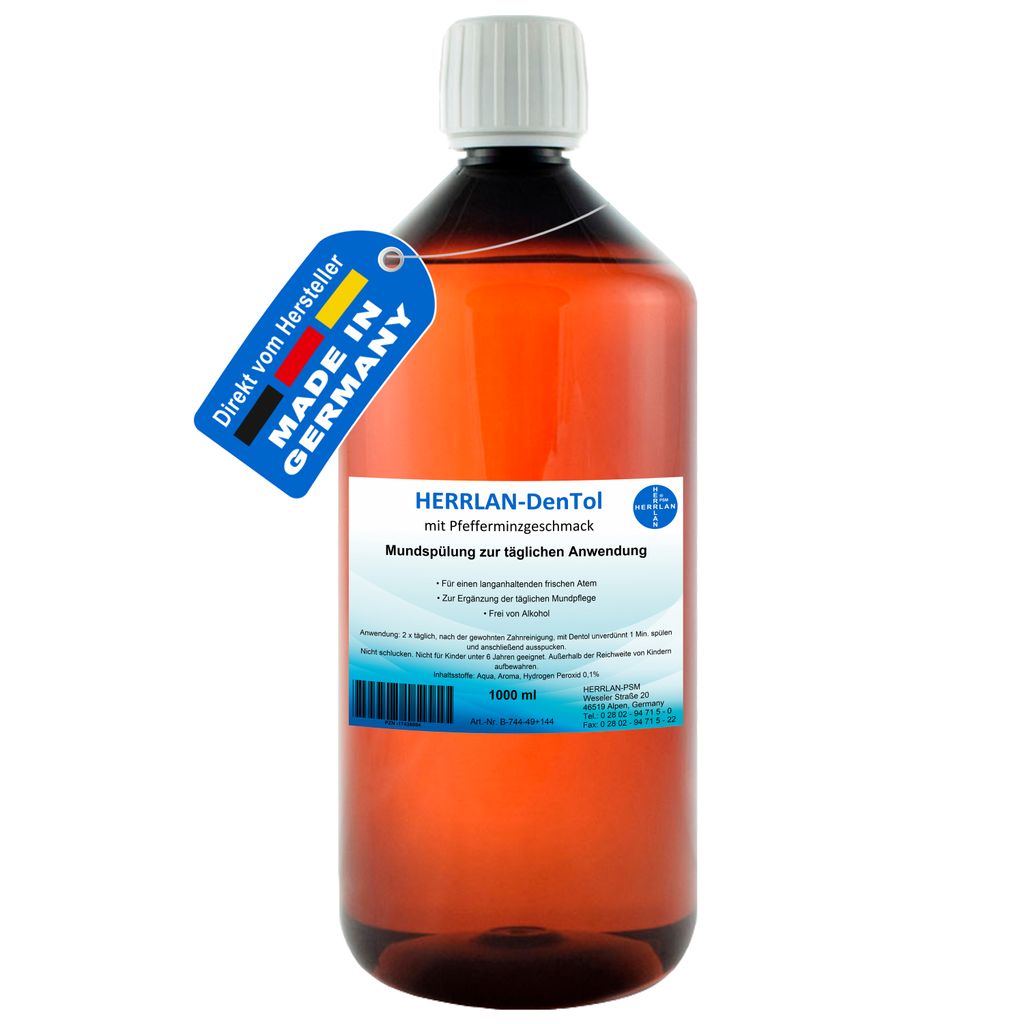 Mundspülung HERRLAN-DenTol mit Pfefferminzgeschmack I 1000 ml I Frei von Alkohol