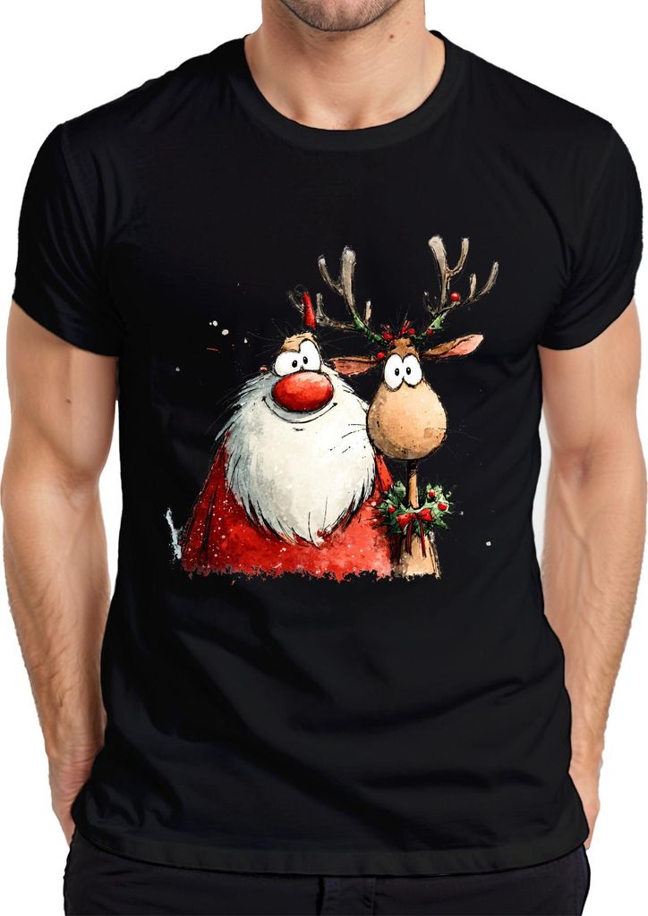 Weihnachtsmann Rentier Cartoon Aquarell lustig Geschenk Retro Herren T-Shirt, Schwarz, S