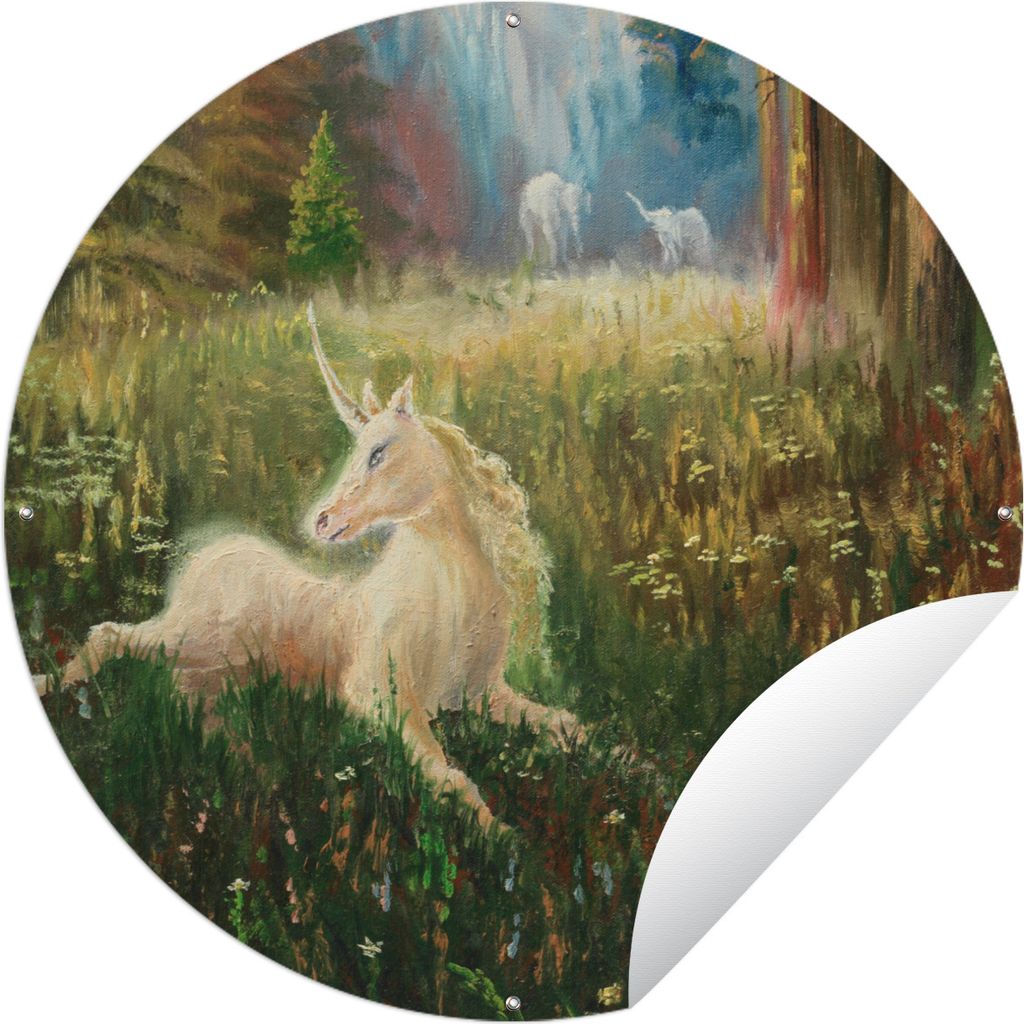 MuchoWow Gartenposter Outdoor-Poster Rund Eine Illustration eines Einhorns in einem Wald - Mädchen - Kinder - Kinder Ø 120 cm Gartendeko Rundes...