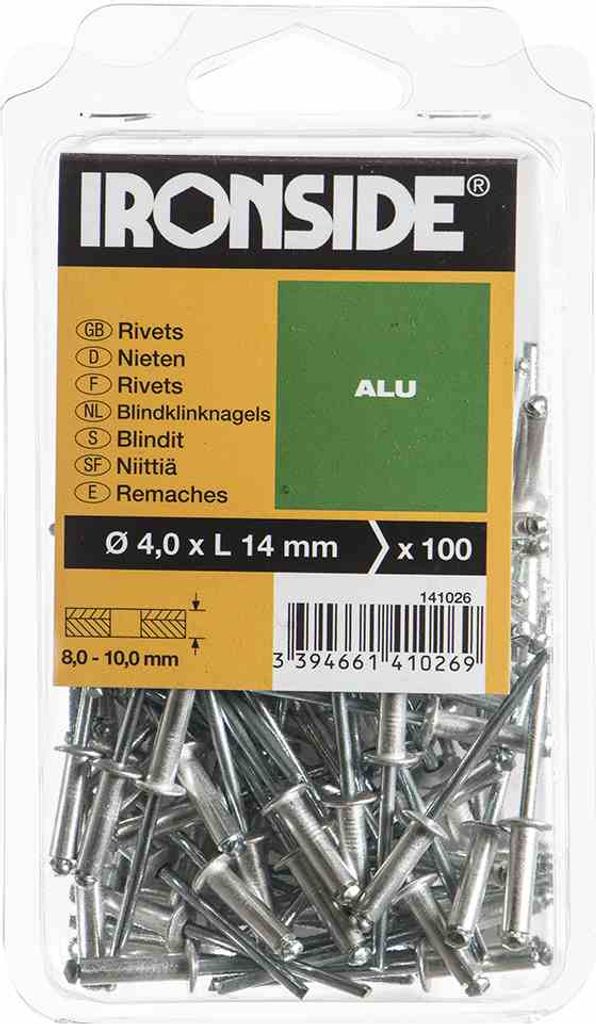 Ironside 141-026 Blind-Nieten Ø 4,0 x L 14 mm, Aluminium, silber-grau (100er Pack)