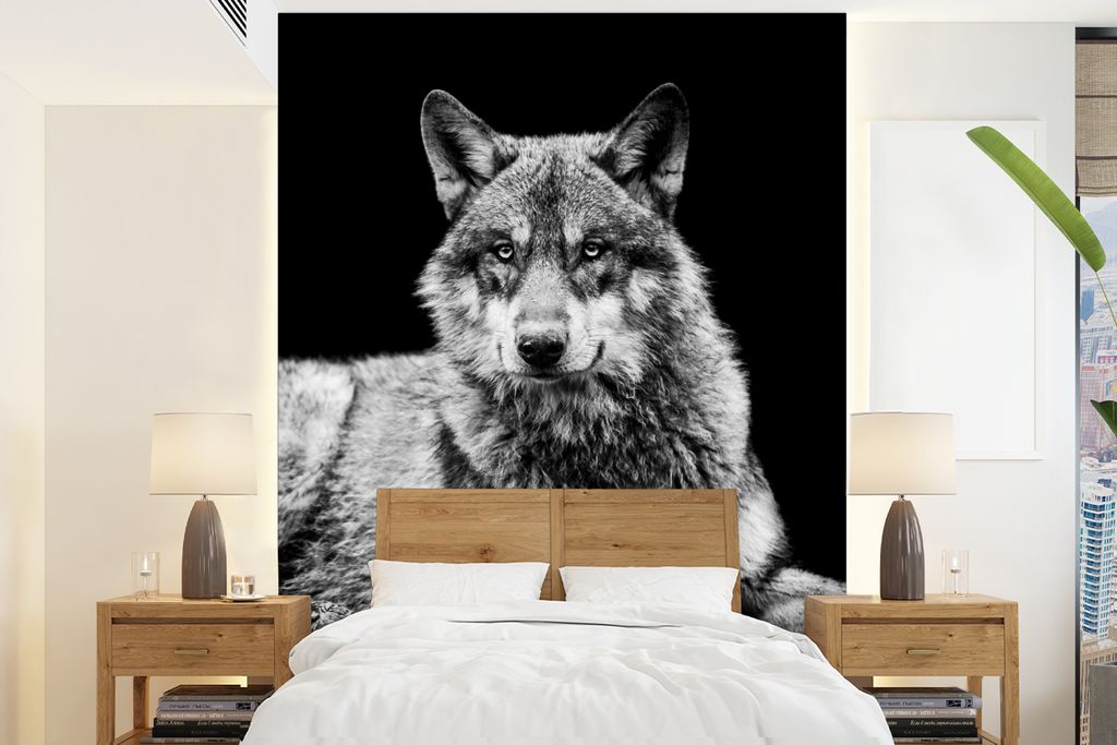 MuchoWow Fototapete für Wohnzimmer oder Schlafzimmer Wandtapete Vinyl Motivtapete Wildlife - Wolf - Schwarz - Weiß - 195x260 cm - Wandbild