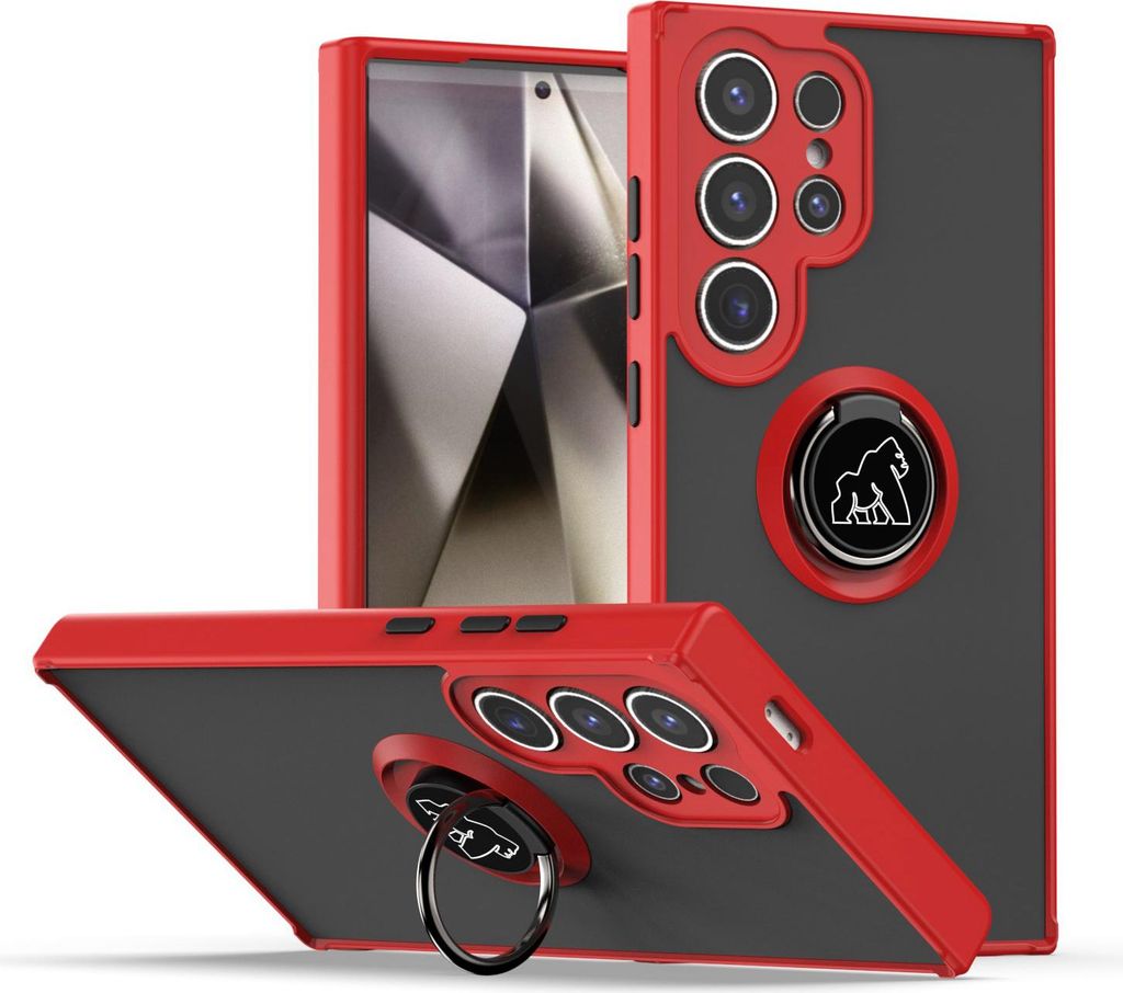 Hülle für Samsung Galaxy S24 Ultra Matte Transluzent TPU Stoßfest Schutzhülle mit Ring Halter Ständer Rot