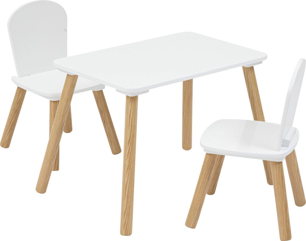 A white children's table and two chairs with natural wood legs, set against a white background.