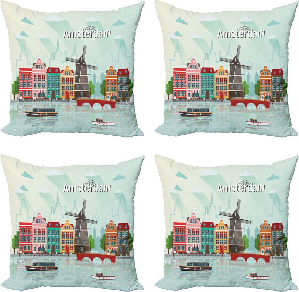 ABAKUHAUS Amsterdam Kissenbezug Set (4 Stück), Bunte Häuser Ufer, Moderner Doppelseitiger Digitaldruck, 60 cm x 60 cm, Mehrfarbig