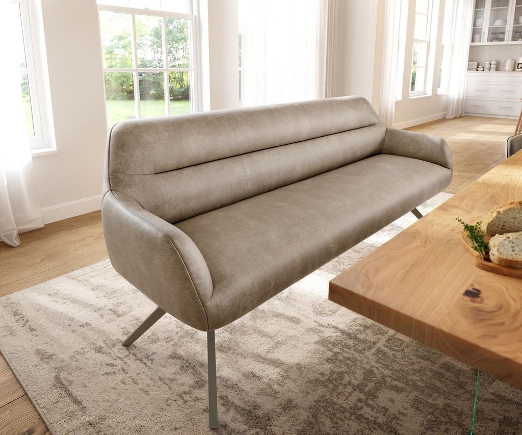 DELIFE Esszimmerbank Taya-Flex 200 cm Mikrofaser Beige Vintage Kreuzgestell kantig Effektfinish Titan Taschenfederkern