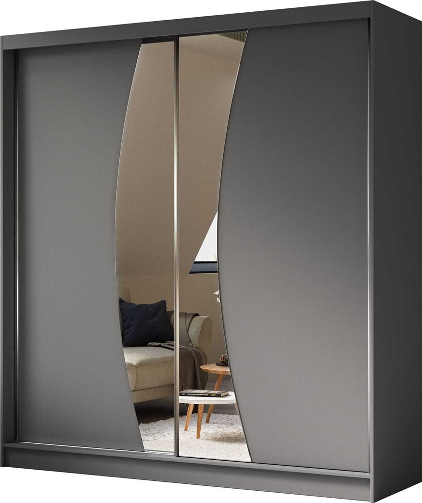 AGMAT Schwebetürenschrank Bergen, Kleiderschrank mit 2 Türen und Spiegel, Moderne Garderobe in Farbe: Graphit / Graphit, Schrank in Größe: 200 ...