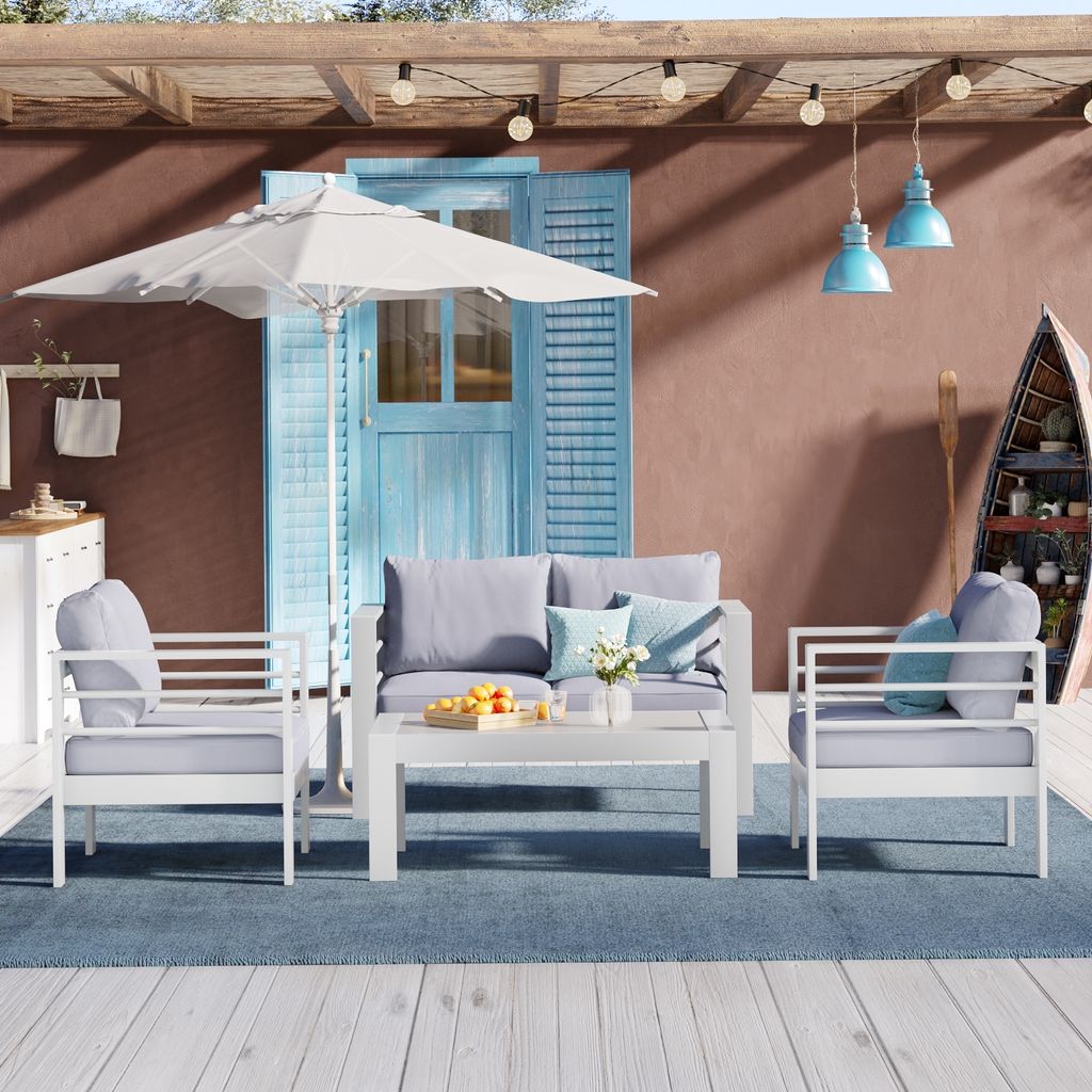 MeXo Gartenmöbelset, Loungeset Aluminium für 3-4 Personen mit Kissen und Couchtisch Indoor Outdoor Balkon weiß (Sitzgruppe, Aluminiumrahmen)