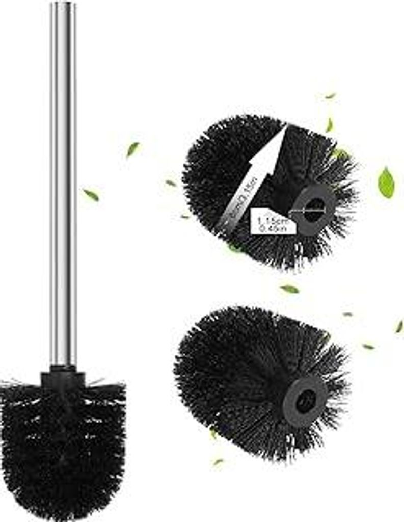 Klobürste Schwarz Ø 6,5cm,3 x Ersatz WC-Bürstenkopf Schwarz Ø6,5 cm + 1 x Edelstahl-Griff 26,5 cm,WC-Bürste mit Edelstahlgriff,Toilettenbürst...