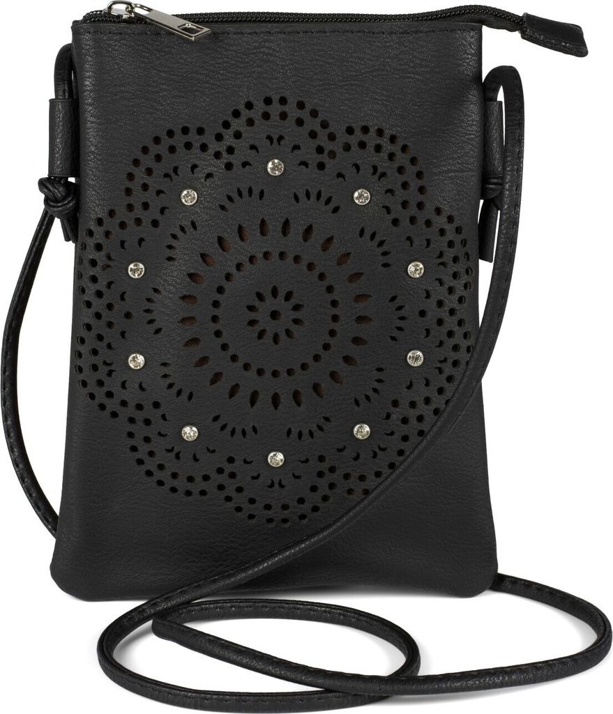 styleBREAKER Damen Mini Umhängetasche mit Blumen Lasercut Cutout Muster und Strass | kleine Crossbody Bag Schultertasche Handytasche 14,5 x 19 cm