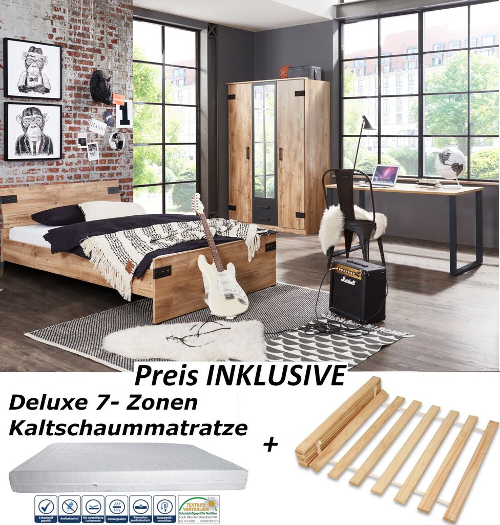 Jugendzimmer Liverpool 5 teiliges Komplett Set in Plankeneiche und Graphit inklusive Lattenrost und Matratze - Kinderzimmer Möbel Teenager Zimmer